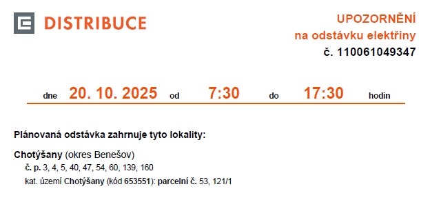 odstávka elektřiny 20.10.2025