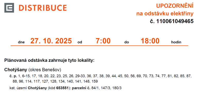 upozornění na odstávku elektřiny 27.10.2025