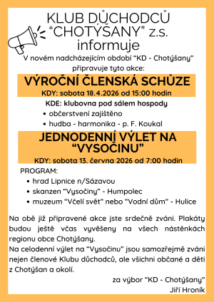 pozvánky na akce Klubu důchodců