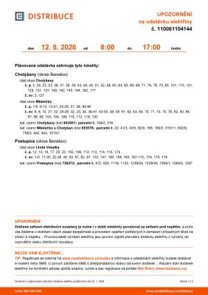 upozornění na odstávku elektřiny 12.8.2026